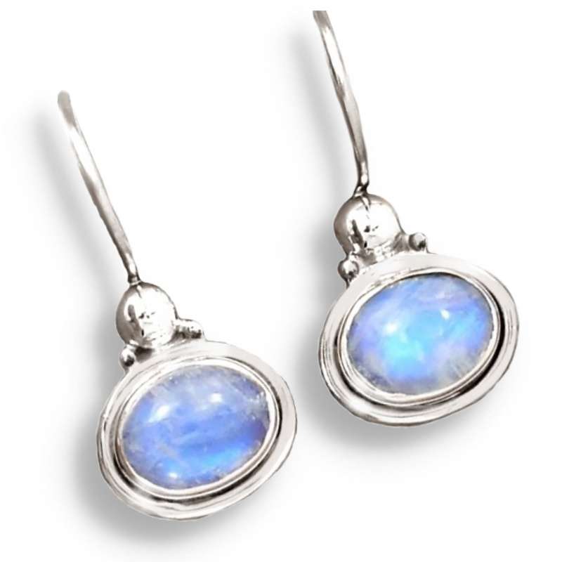 Natural Rainbow Moonstone Oval Gemstone set in Solid .925  Sterling Silver Dainty Earrings