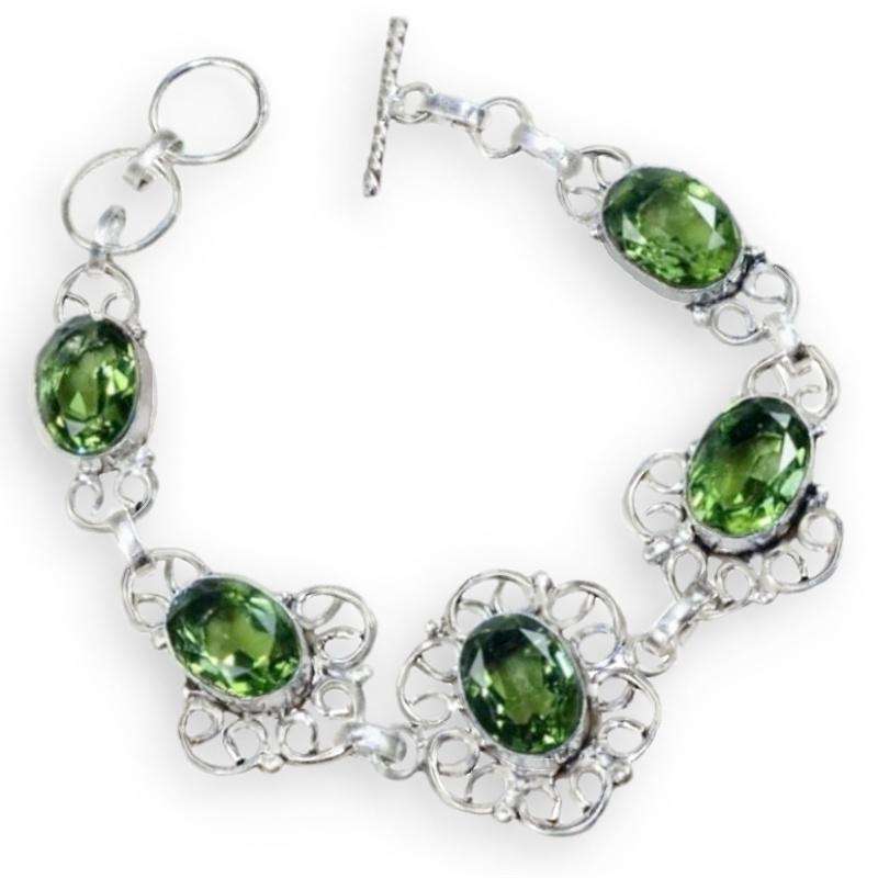 Green Amethyst Ovals set in .925 Sterling Silver Plated Handmade Antique Style Bracelet
