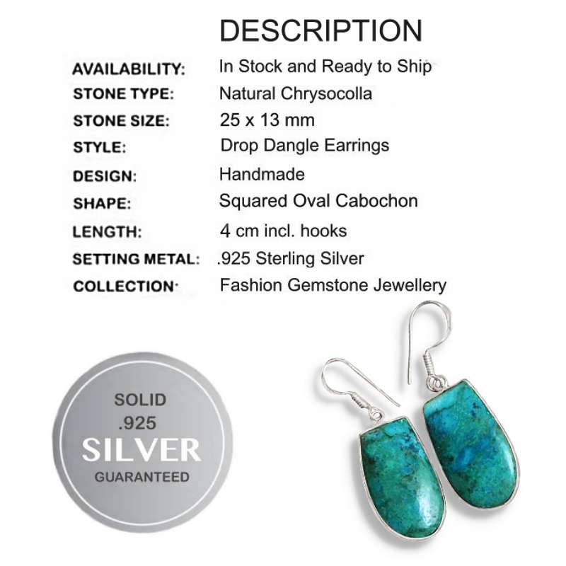 Natural Chrysocolla Gemstone  set in Solid. 925 Sterling Silver Earrings