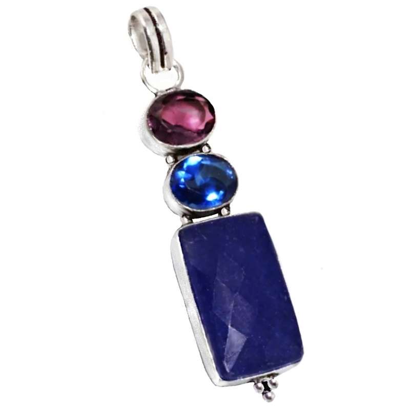 Natural Indian Sapphire, Purple Amethyst Kyanite Quartz set in .925 Sterling Silver Handmade Pendant