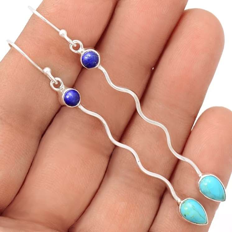 Natural Sleeping Beauty Turquoise, Lapis Lazuli  Gemstone .925 Sterling Silver Earrings
