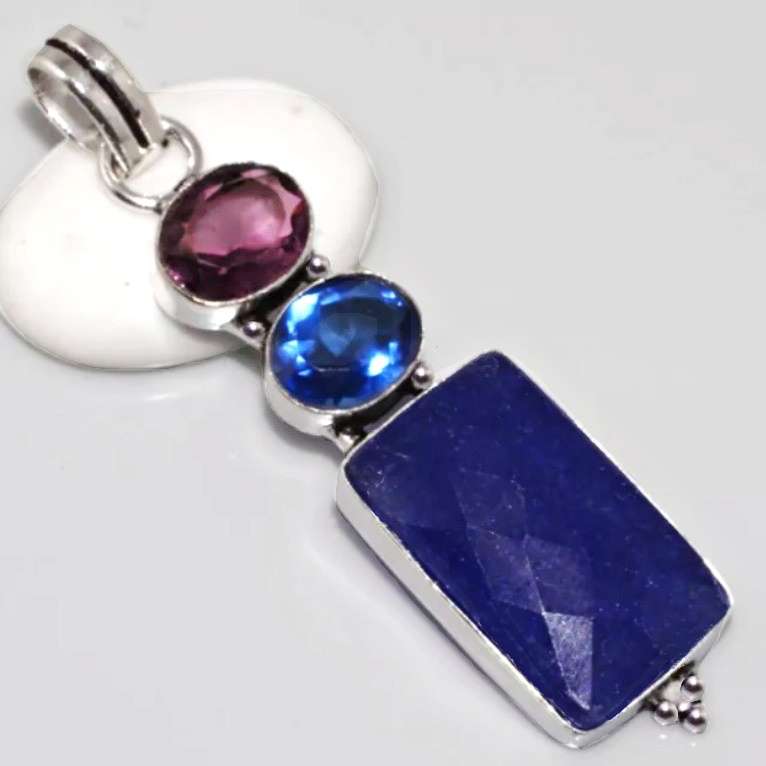 Natural Indian Sapphire, Purple Amethyst Kyanite Quartz set in .925 Sterling Silver Handmade Pendant