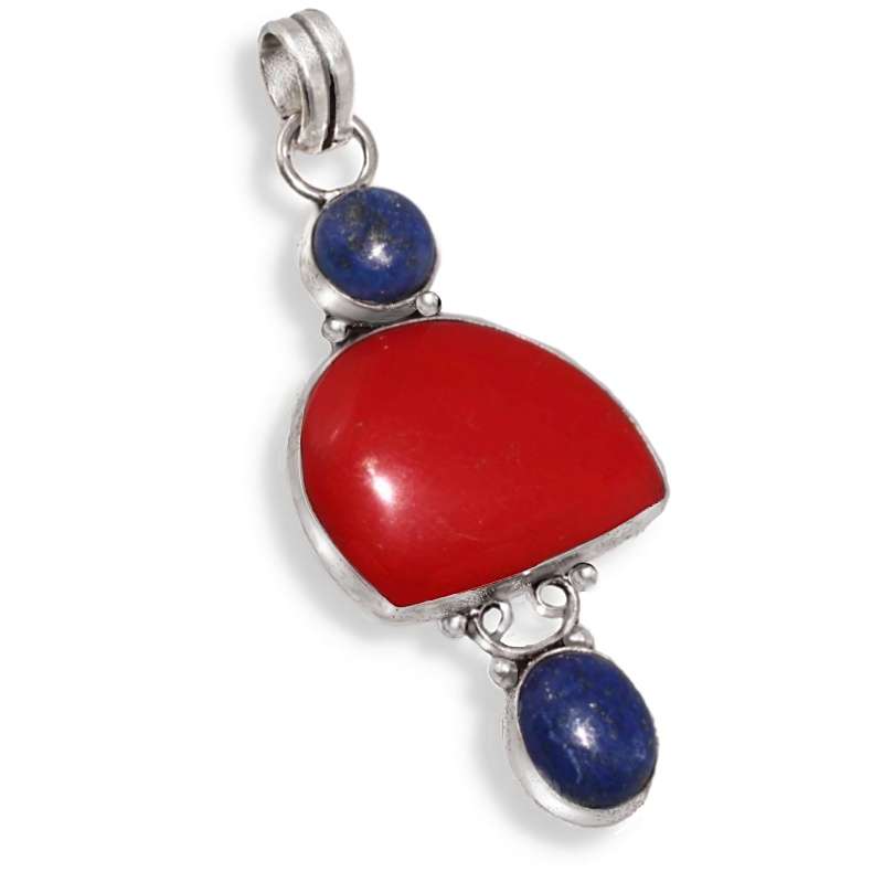 Handmade  Natural Lapis Lazuli and Red Coral Gemstone set in .925 Sterling Silver Plated Pendant