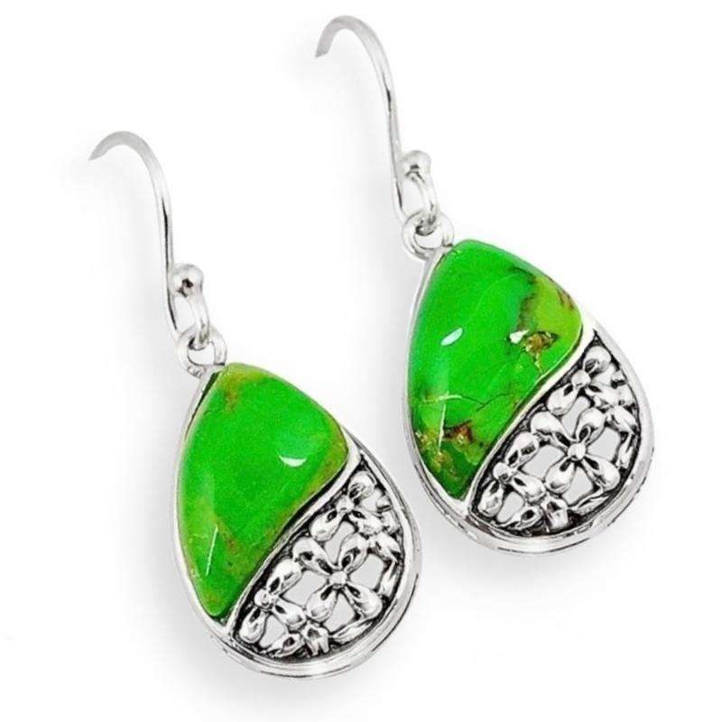 6.17 Cts Copper Arizona Green Turquoise Gemstones set in Solid .925 Sterling Silver Dainty Earrings
