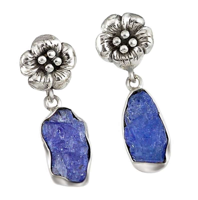Natural Unheated Tanzanite Rough Gemstone Solid .925 Sterling Silver Floral Earrings