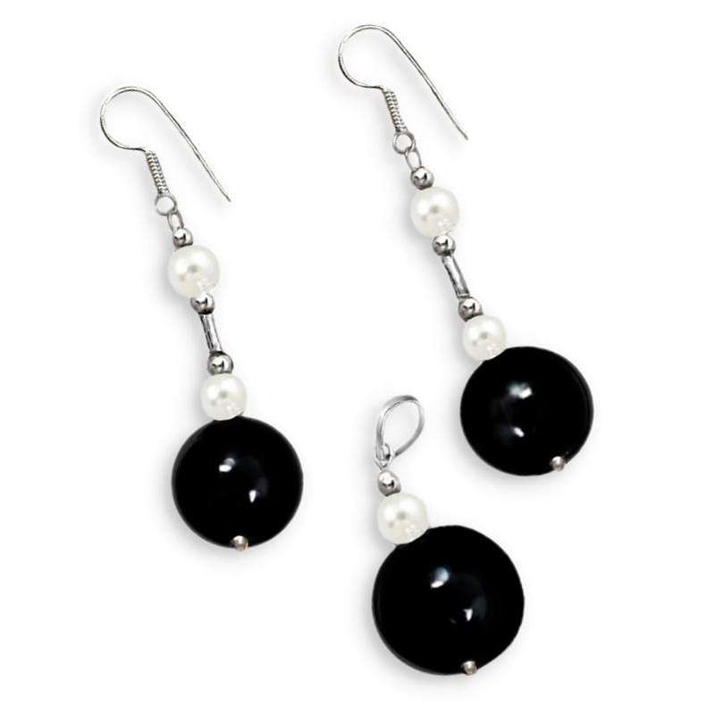 Natural Round Black Onyx,White Pearl set in Solid 925 Sterling Silver Pendant & Earrings Set
