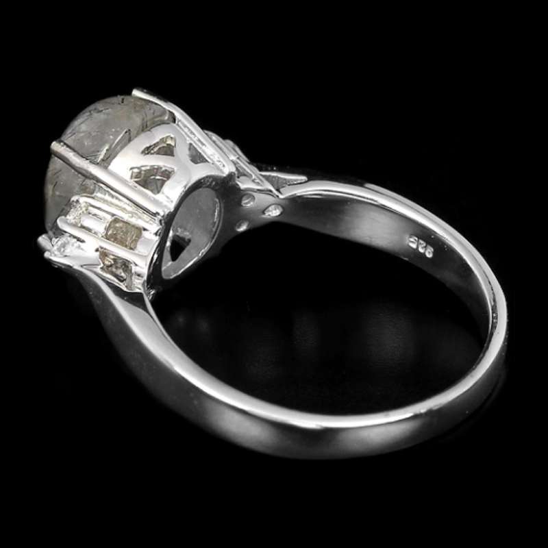 Natural Black Rutilated Quartz and White Cubic Zirconia in Solid .925 Sterling Silver Ring US 6.5