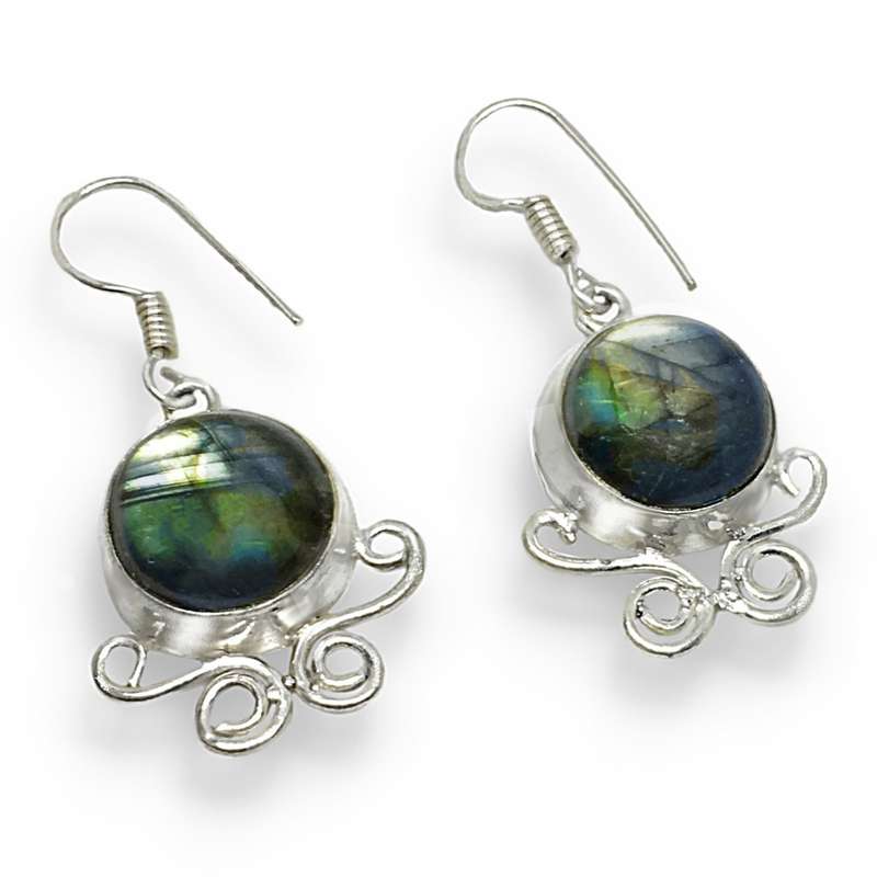 Natural Blue Fire Labradorite Round Gemstone in .925 Sterling Silver Plated Antique Style Earrings
