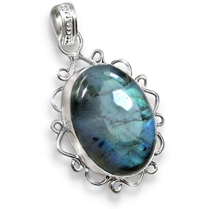 Natural Labradorite Oval Gemstone set in .925 Sterling Silver Plated Antique Style Pendant
