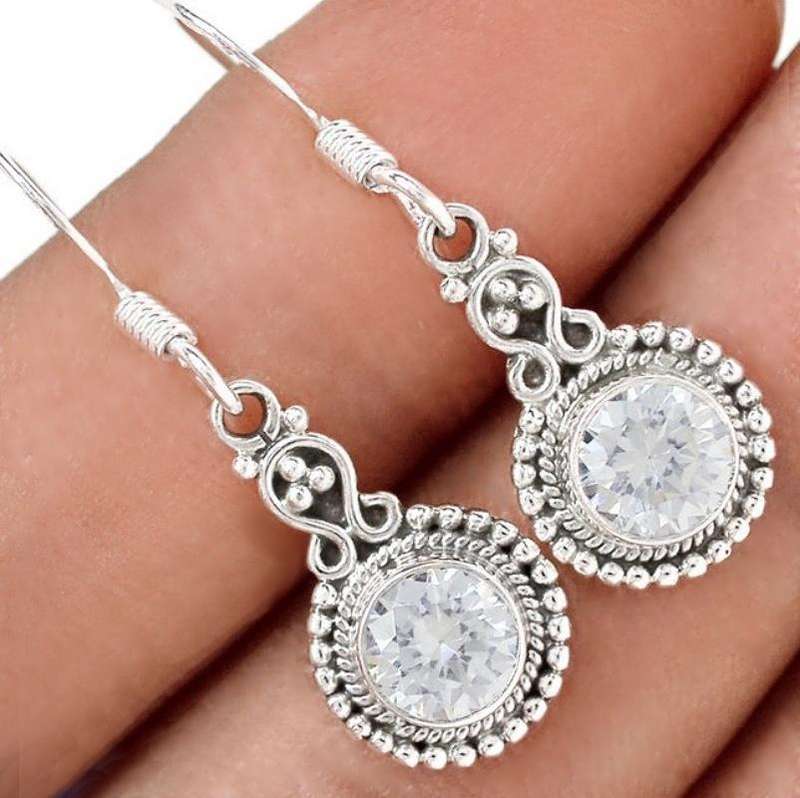 Indonesian Bali Java Faceted White Topaz Gemstone set in Solid .925 Sterling Silver Earrings