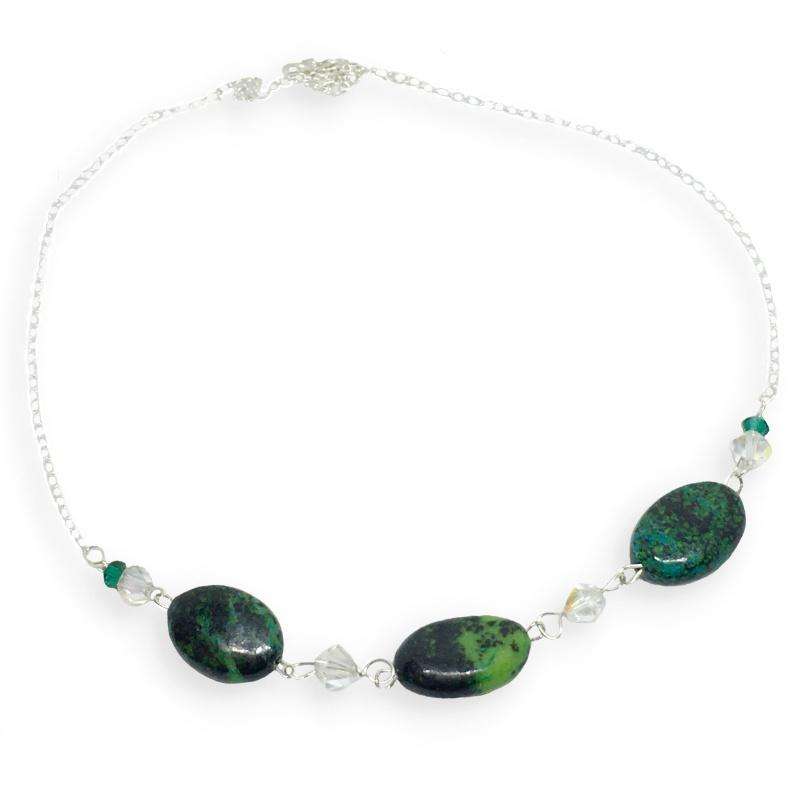 Natural Chrysocolla and Crystal beads set in .925 Sterling Silver Necklace & Earrings Set