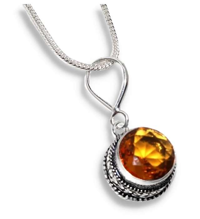 Round Faceted Golden Citrine  .925 Sterling Silver Plated Handmade Necklace