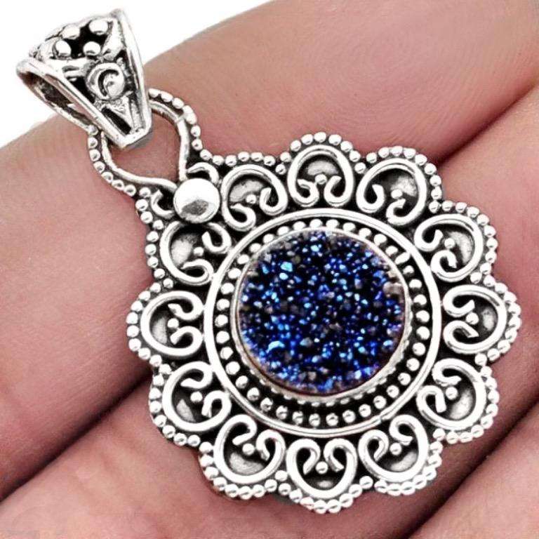 Dainty Natural Titanium Druzy set In Solid 925 Sterling Silver Antique Style Pendant