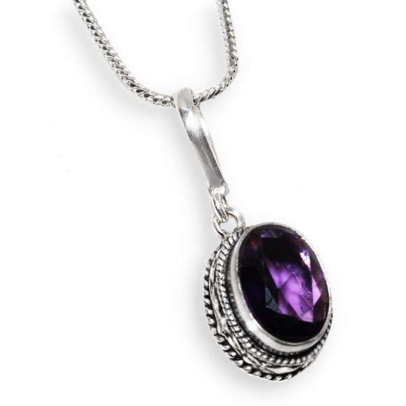 Dainty Purple Amethyst Oval set in .925 Sterling Silver Plated Antique Style Pendant Necklace