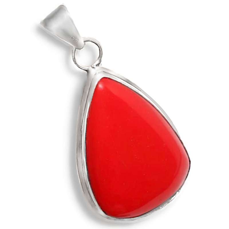 Vibrant Red Coral Pear Shape set in .925 Sterling Silver Plated Handmade Pendant