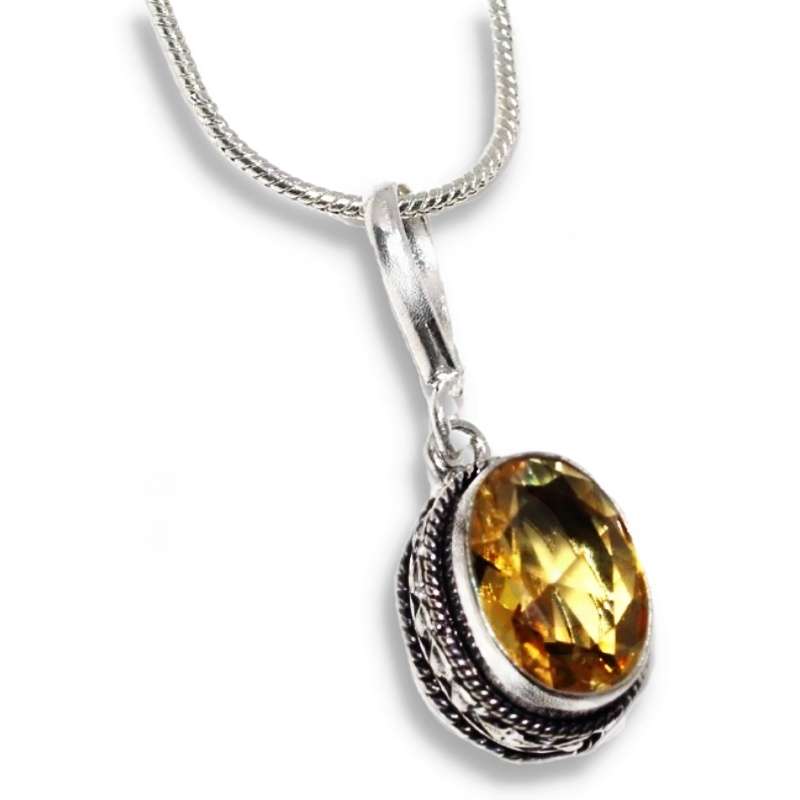 Sunny Citrine Faceted Oval Gemstone set in Antique Style .925 Sterling Silver Plated Necklace