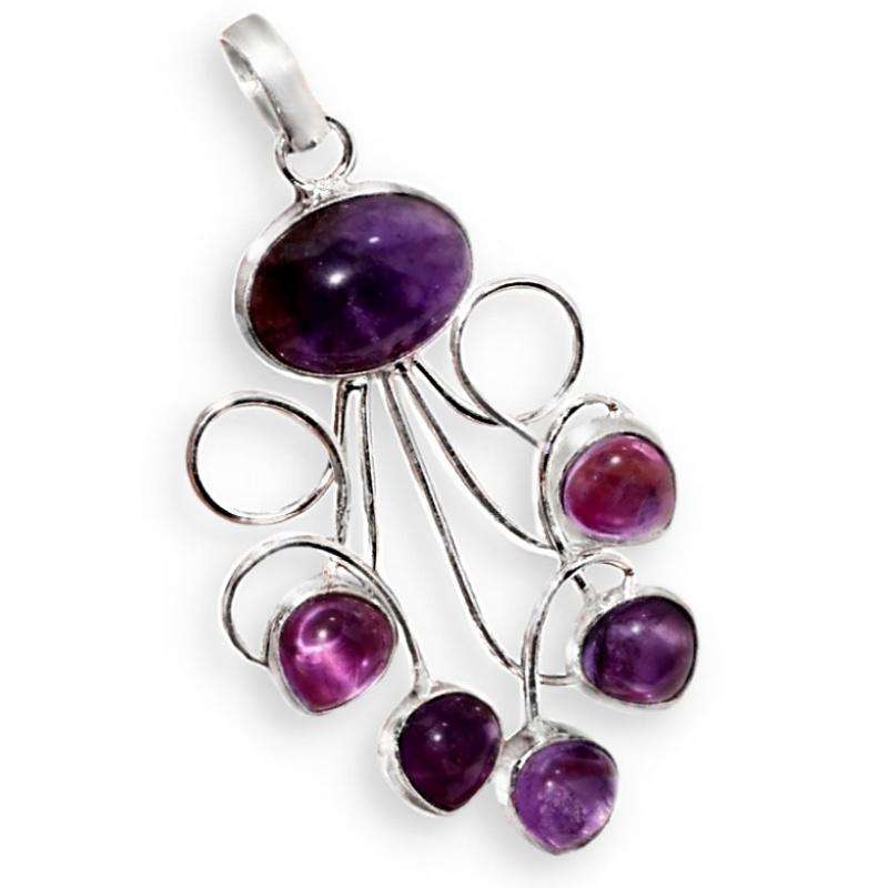 Natural Purple Amethyst Oval and Pear Gemstones set in .925 Sterling Silver Plated Handmade Pendant