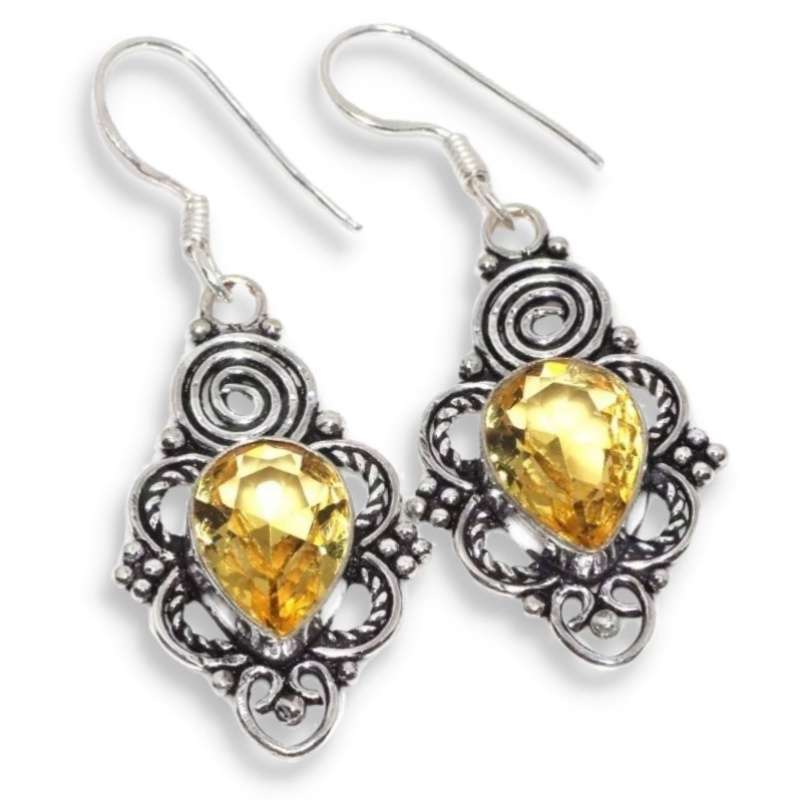 Faceted Citrine Gemstone set in Ornate .925 Sterling Silver Plated Handmade Earrings
