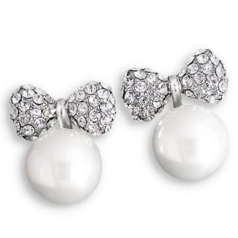 Elegant White Pearl and Crystal Bow Silver Plated Stud Earrings
