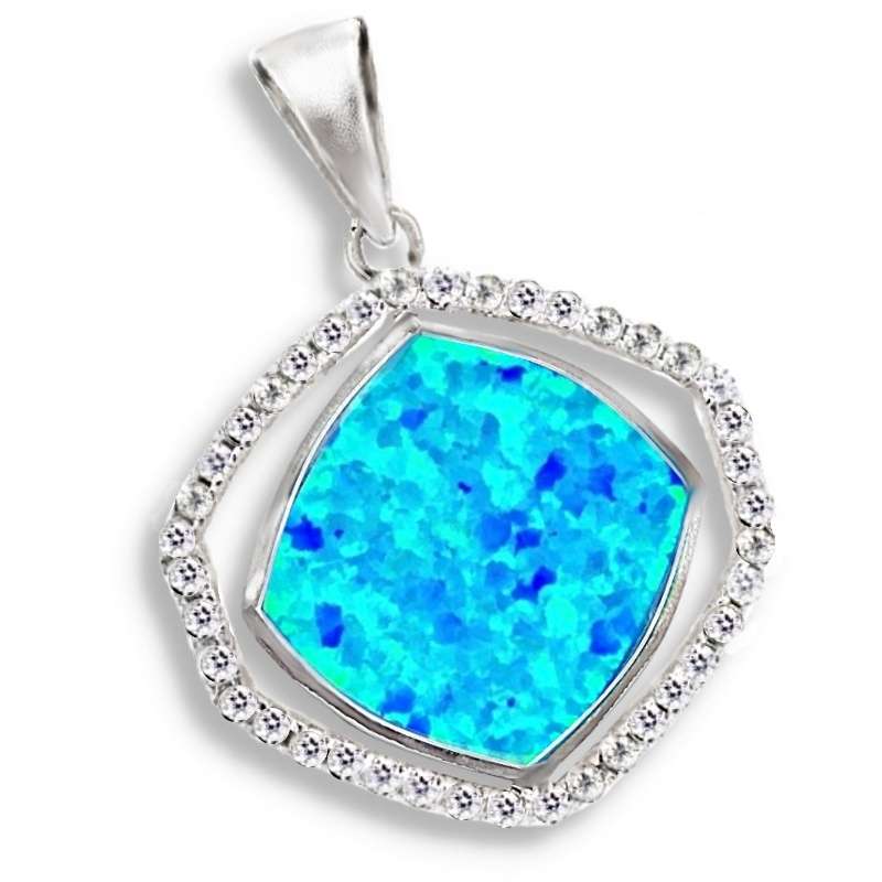 Blue Fire Opal, White Cubic Zirconia Gemstone Solid .925 Sterling Pendant