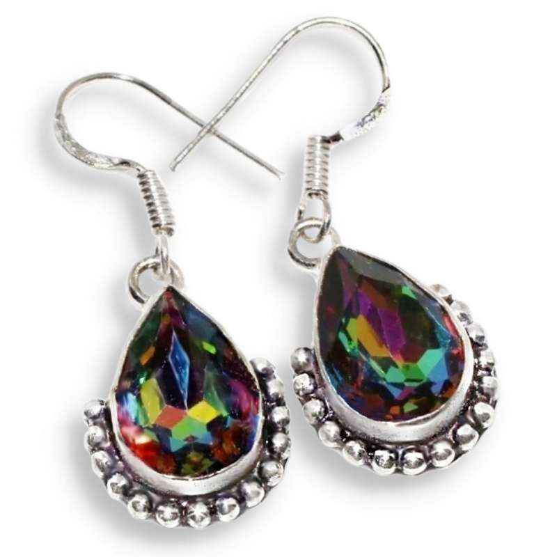 Rainbow Mystic Topaz Pear Shape set in .925 Sterling Silver Plated Handmade Antique Style Earrings