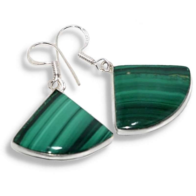 Natural Fan Shape Malachite Gemstone set in  925 Sterling Silver Plated Handmade Earrings