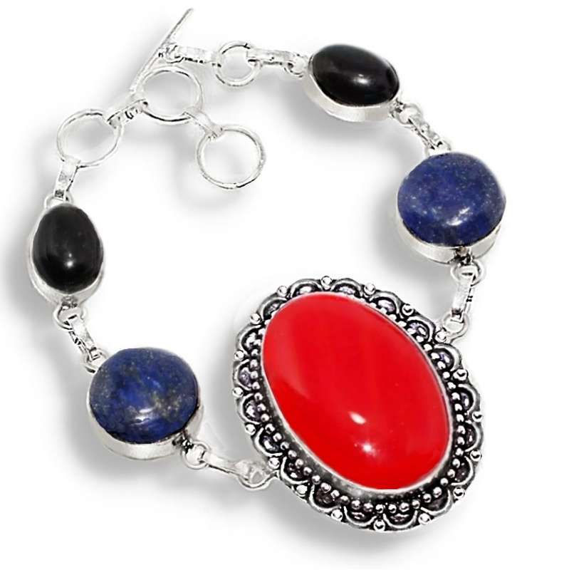 Natural Lapis Lazuli, Red Coral Black Onyx Gemstone in 925 Sterling Silver Plated Handmade Bracelet