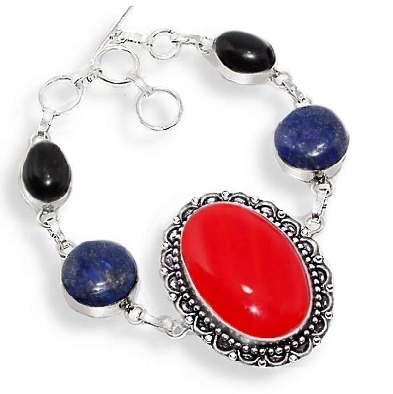 Natural Lapis Lazuli, Red Coral Black Onyx Gemstone in 925 Sterling Silver Plated Handmade Bracelet