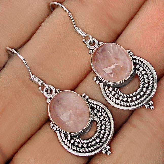 Natural Pink Rose Quartz Oval Gemstone set in Solid .925 Sterling Silver Antique Style Earrings