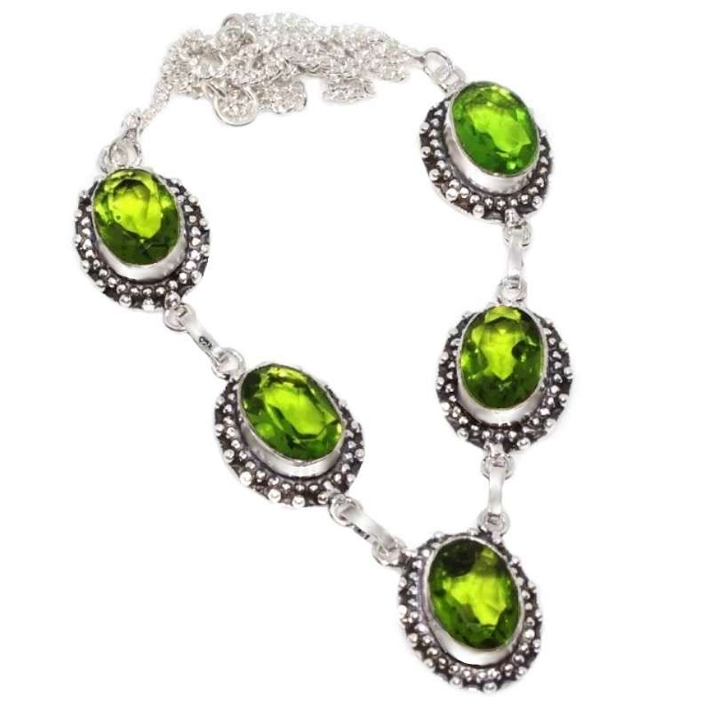 Peridot Ovals set in Antique style .925 Sterling Silver Plated Handmade Necklace