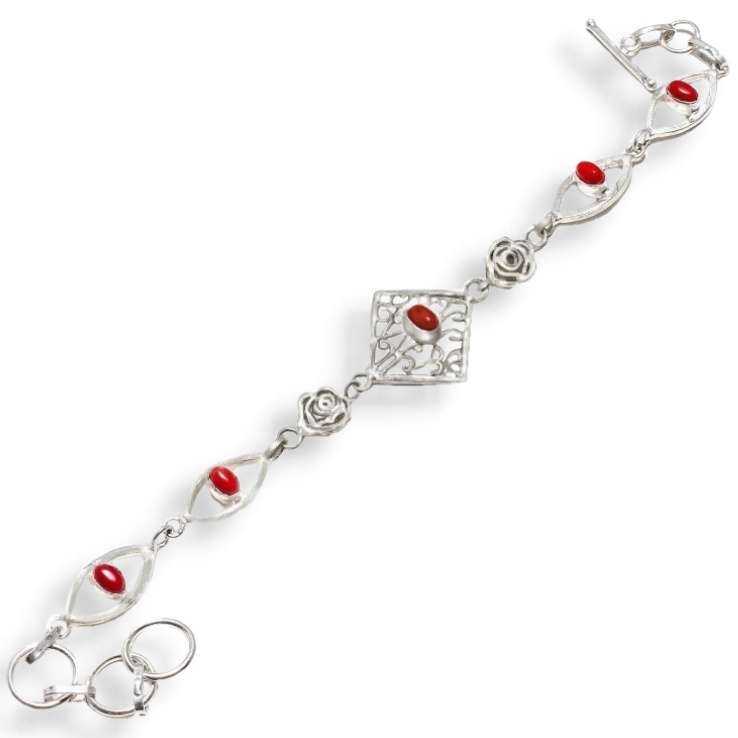Red Coral Ovals set in  .925 Sterling Silver Plated Handmade Dainty Bracelet