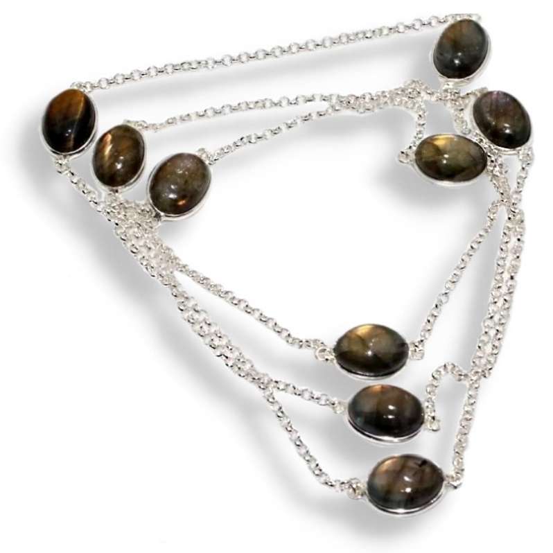 75 cm Natural Labradorite Oval Gemstones set in 925 Sterling Silver Plated Handmade Long Necklace