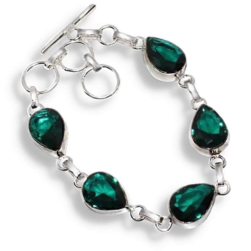 Handmade Green Quartz Pear Shape Gemstone in .925 Sterling Silver Plated Bracelet