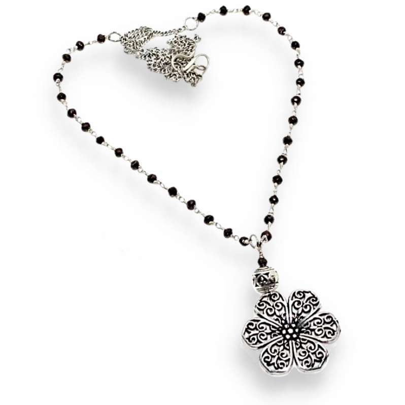 Dainty Floral Natural Black Onyx Gemstone .925 Sterling Silver Plated Chain Necklace