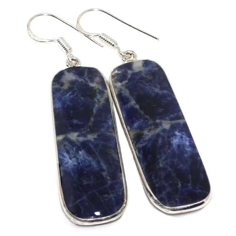 Natural Sodalite Geometric Shape Gemstone set in 925 Sterling Silver Plated Handmade Earrings