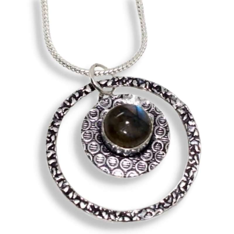 Natural Labradorite Round Gemstone set in Textured 925 Sterling Silver Plated Handmade Necklace
