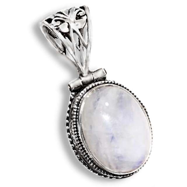 Natural Rainbow Moonstone Oval set in Antique Style .925 Sterling Silver Plated Handmade Pendant