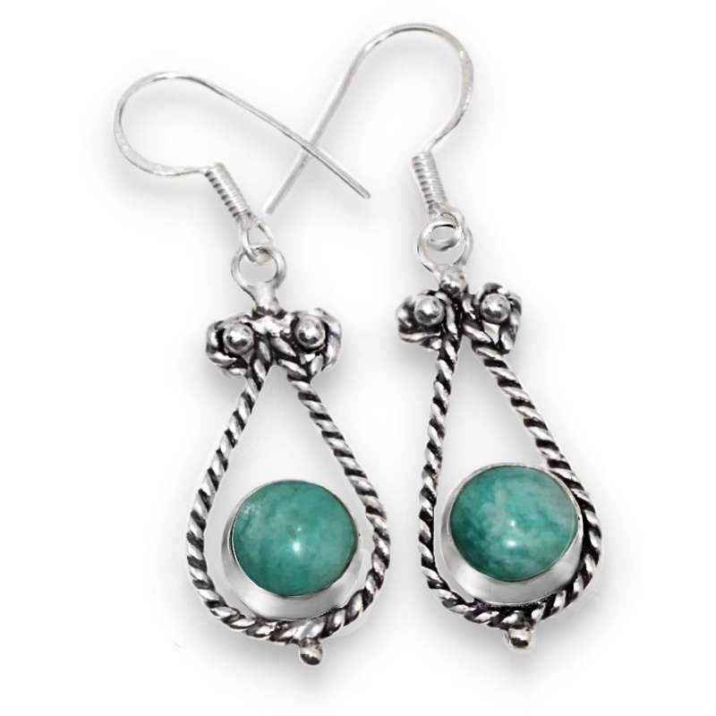 Natural Amazonite Round Gemstone set in .925 Sterling Silver Plated Antique Style Earrings
