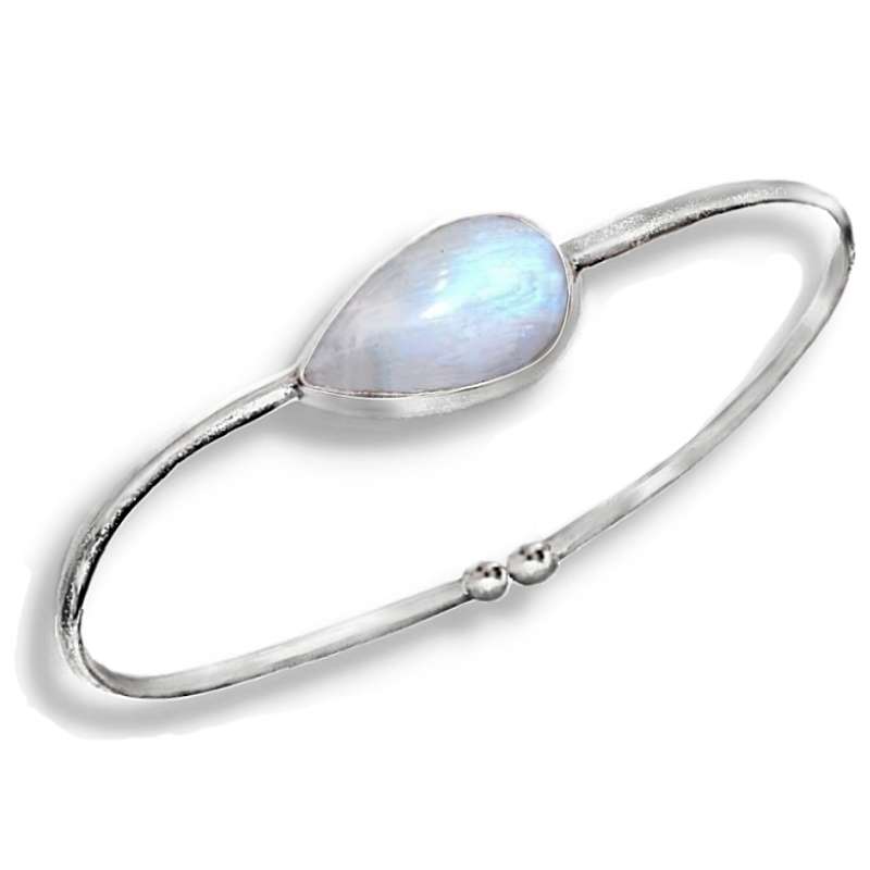 Natural Rainbow Moonstone Pear Shape Gemstone .925 Sterling Silver Plated Adjustable Bangle