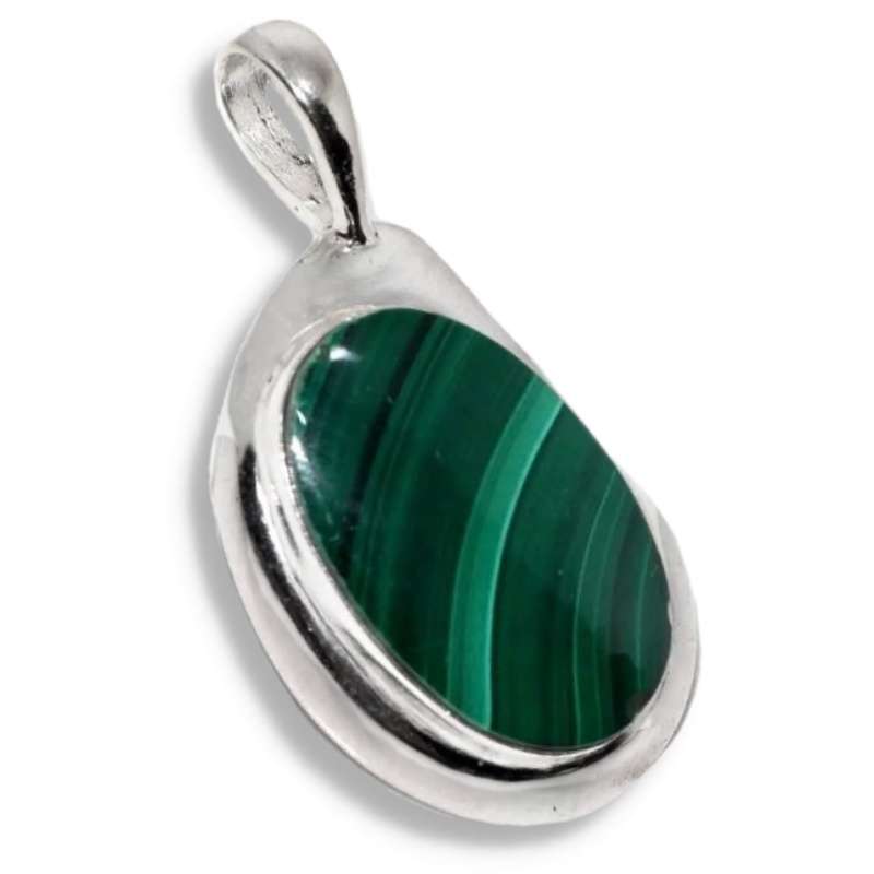 Natural Oval Malachite Gemstone set in  925 Sterling Silver Plated Handmade Pendant
