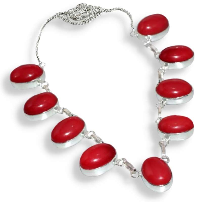 Vibrant Red Coral Ovals set in .925 Sterling Silver Plated Elegant Necklace