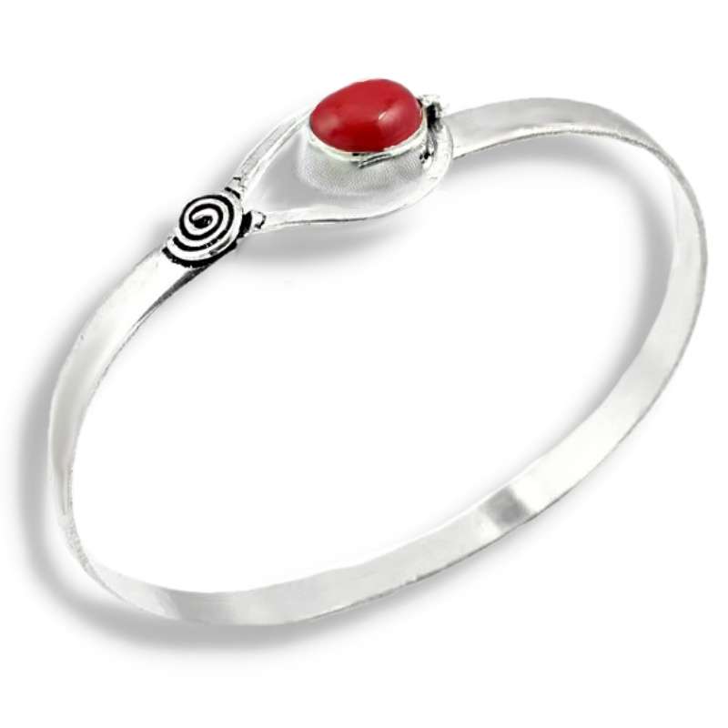 Vibrant Red Coral set in 925 Sterling Silver Plated Handmade Dainty Bangle