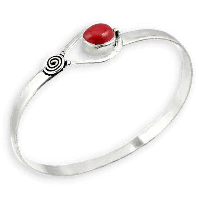 Vibrant Red Coral set in 925 Sterling Silver Plated Handmade Dainty Bangle