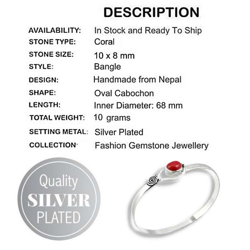 Vibrant Red Coral set in 925 Sterling Silver Plated Handmade Dainty Bangle
