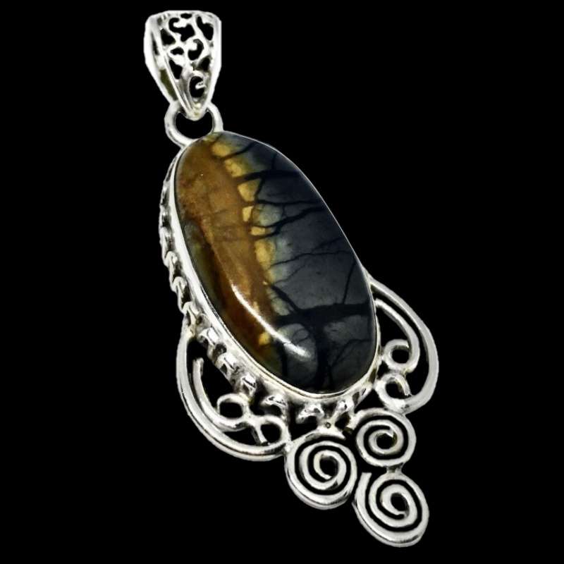 Natural Picture Porcelain Jasper Oval Gemstone set in Solid .925 Sterling Silver Pendant