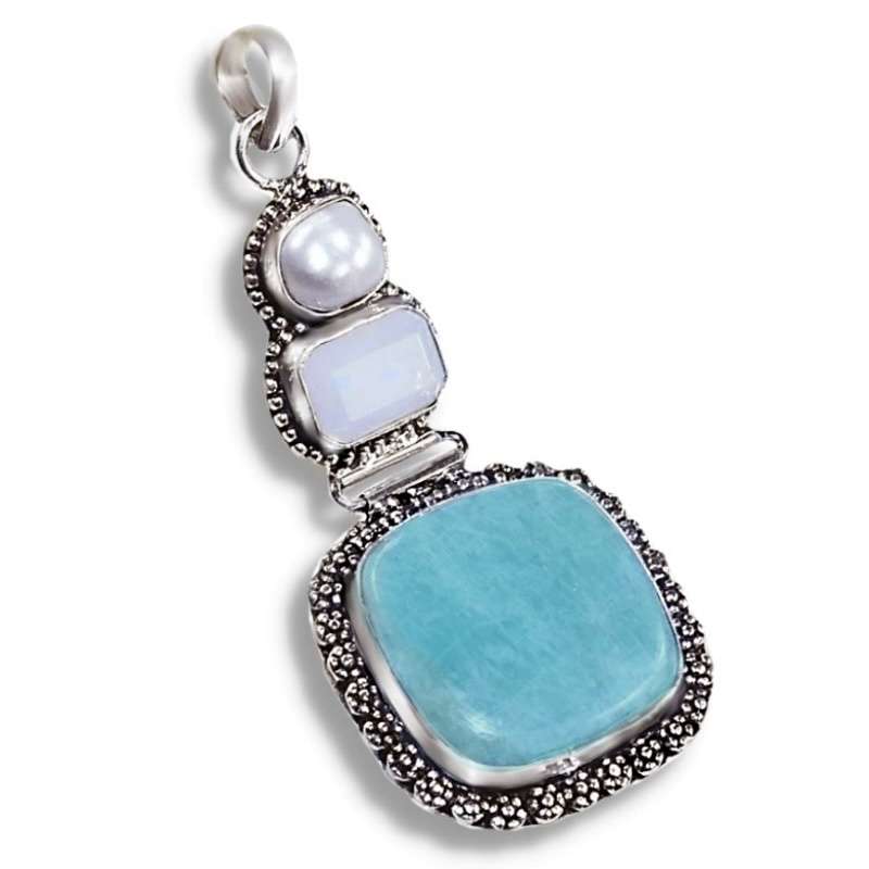 Natural Peruvian Amazonite, Opalite and Biwa Pearl  in .925 Sterling Silver Plated Handmade Pendant