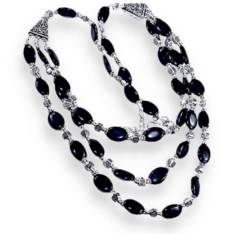 Handmade Natural Black Onyx Gemstone Beads set in .925 Sterling Silver Three Strand Necklace