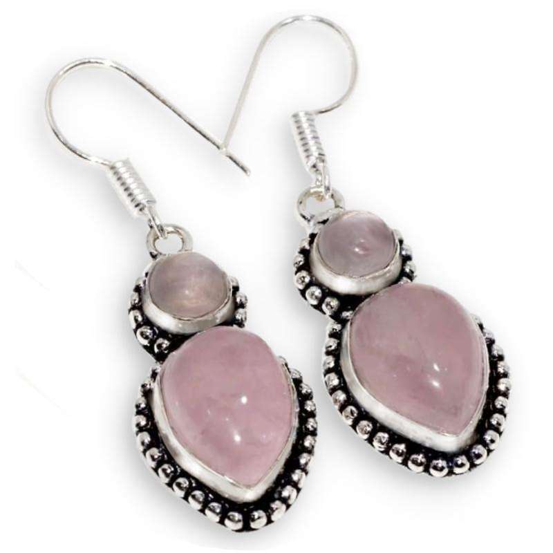 Natural Pink Rose Quartz Mixed Shapes in .925 Sterling Silver Plated Antique Style Earrings