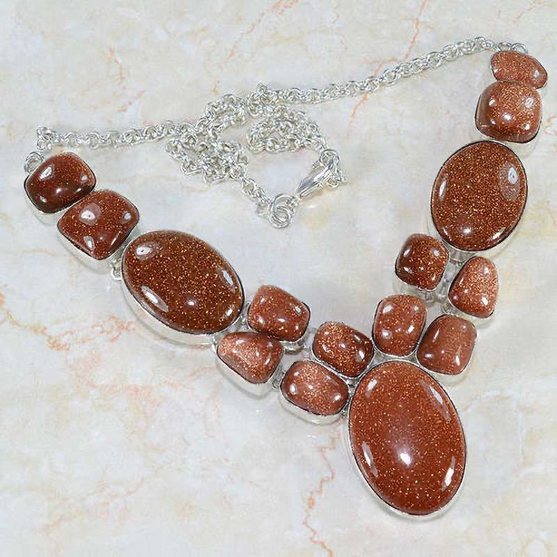 Captivating Mixed Shapes Goldstone Sun Sitara set in .925 Sterling Silver Plated Necklace