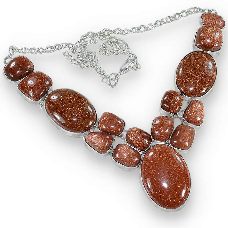 Captivating Mixed Shapes Goldstone Sun Sitara set in .925 Sterling Silver Plated Necklace